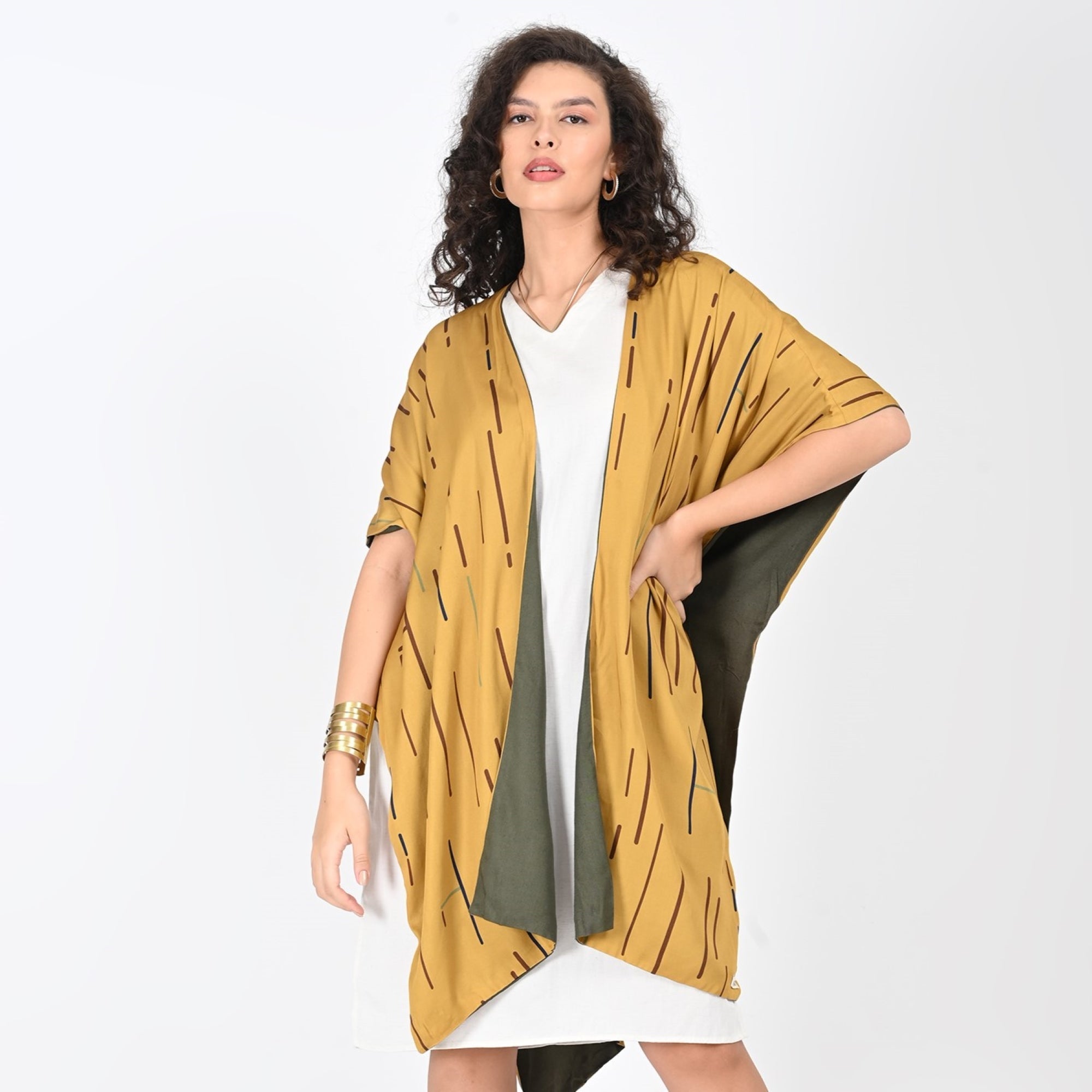 Alecia Set Of 2 - Reversible Cape & Dress - Mustard Cedar Print & Ecru - Limited Edition