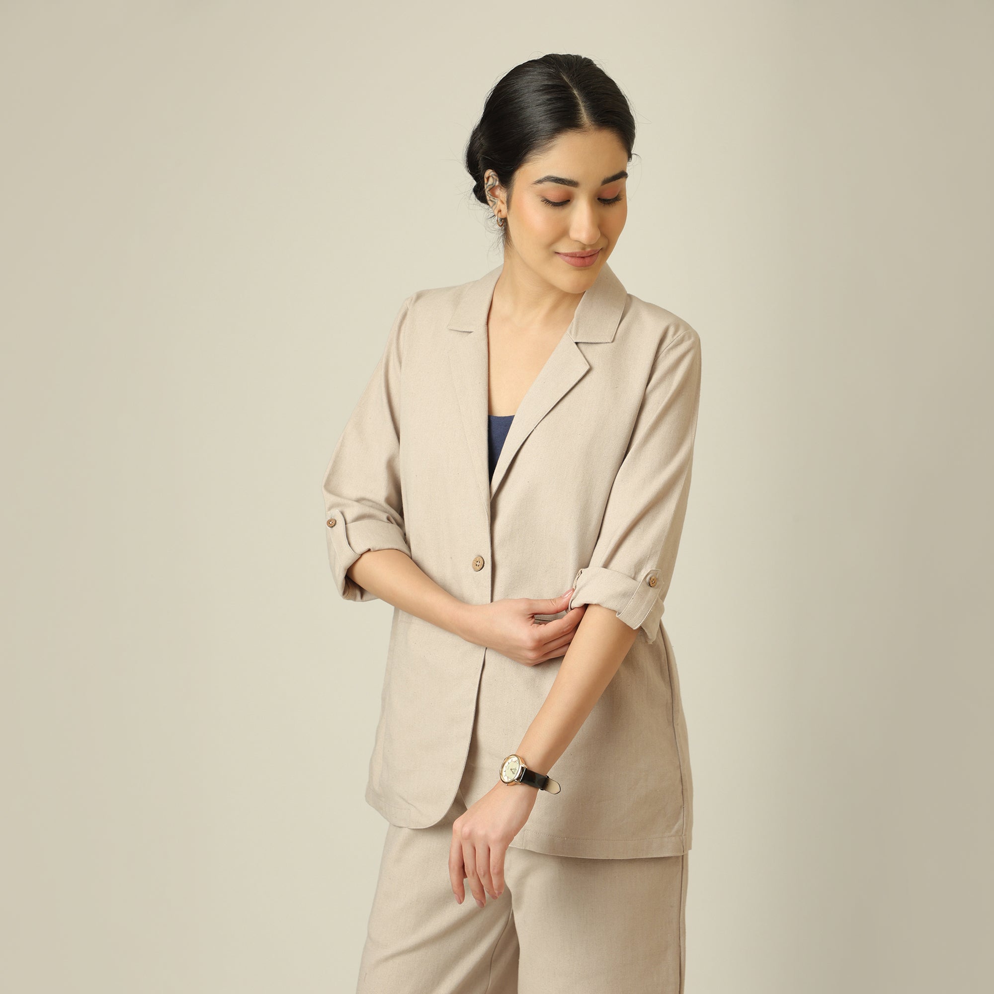Bruna Linen 3 Piece Set Of Blazer, Inner & Pants - Greige & Navy