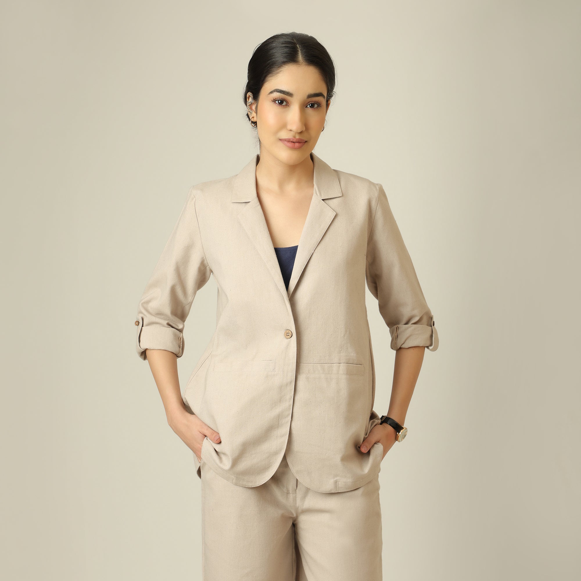 Bruna Linen 3 Piece Set Of Blazer, Inner & Pants - Greige & Navy