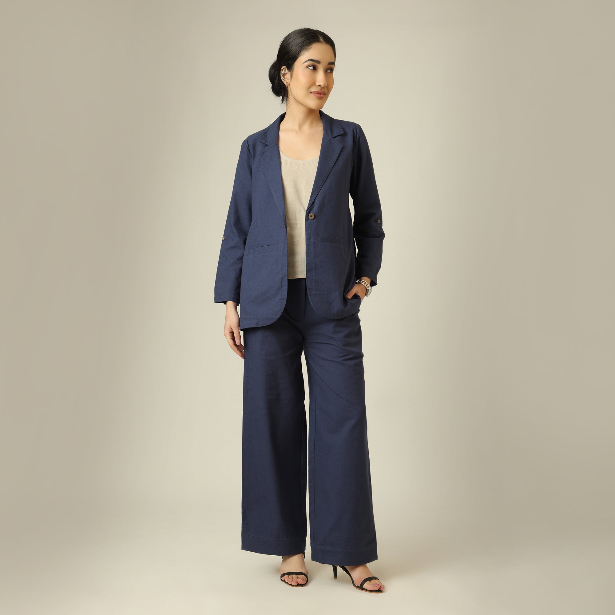 Bruna Linen 3 Piece Set Of Blazer, Inner & Pants - Navy & Greige