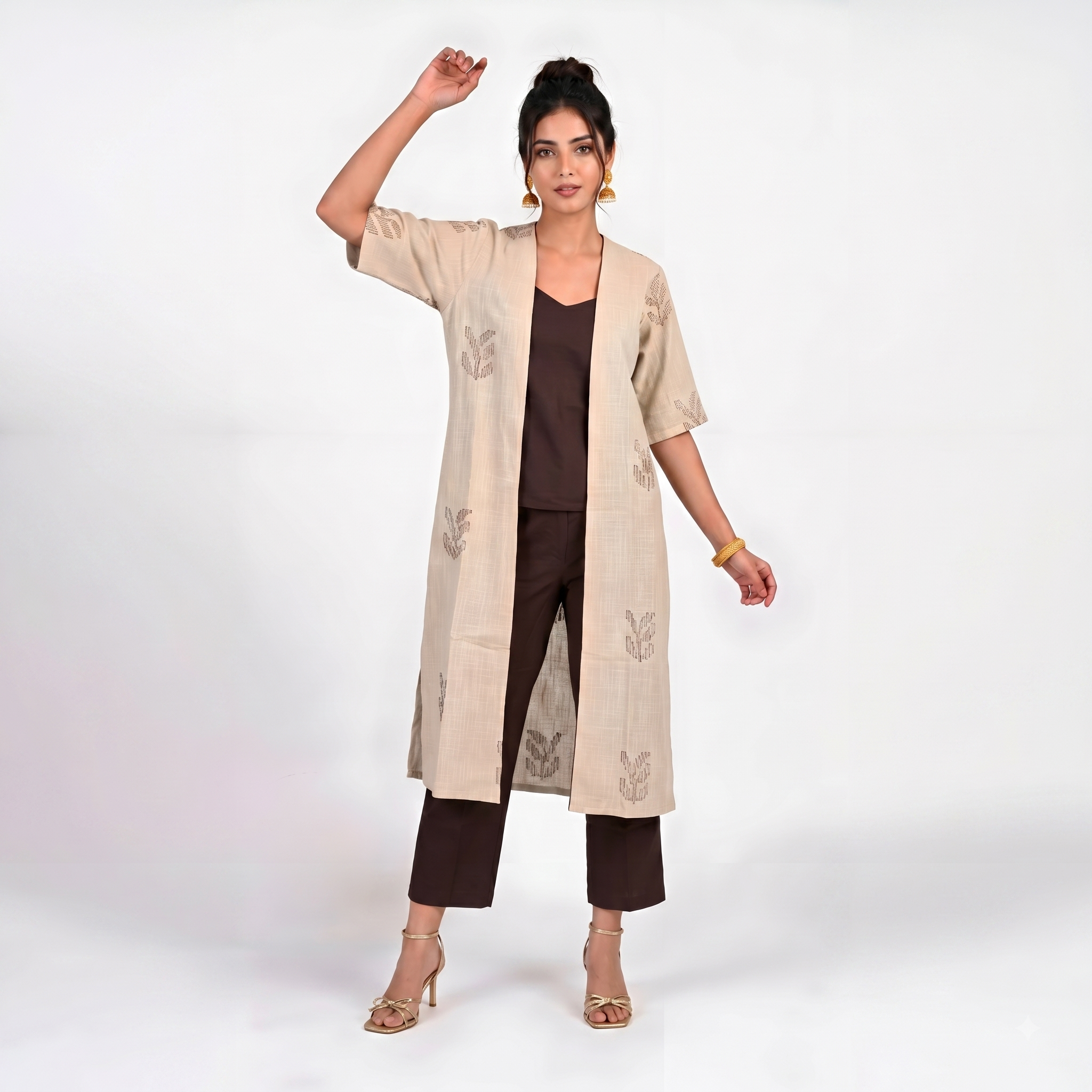 Ruth Set Of 3 - Overlay, Top & Pants - Greige & Coffee With Embroidery
