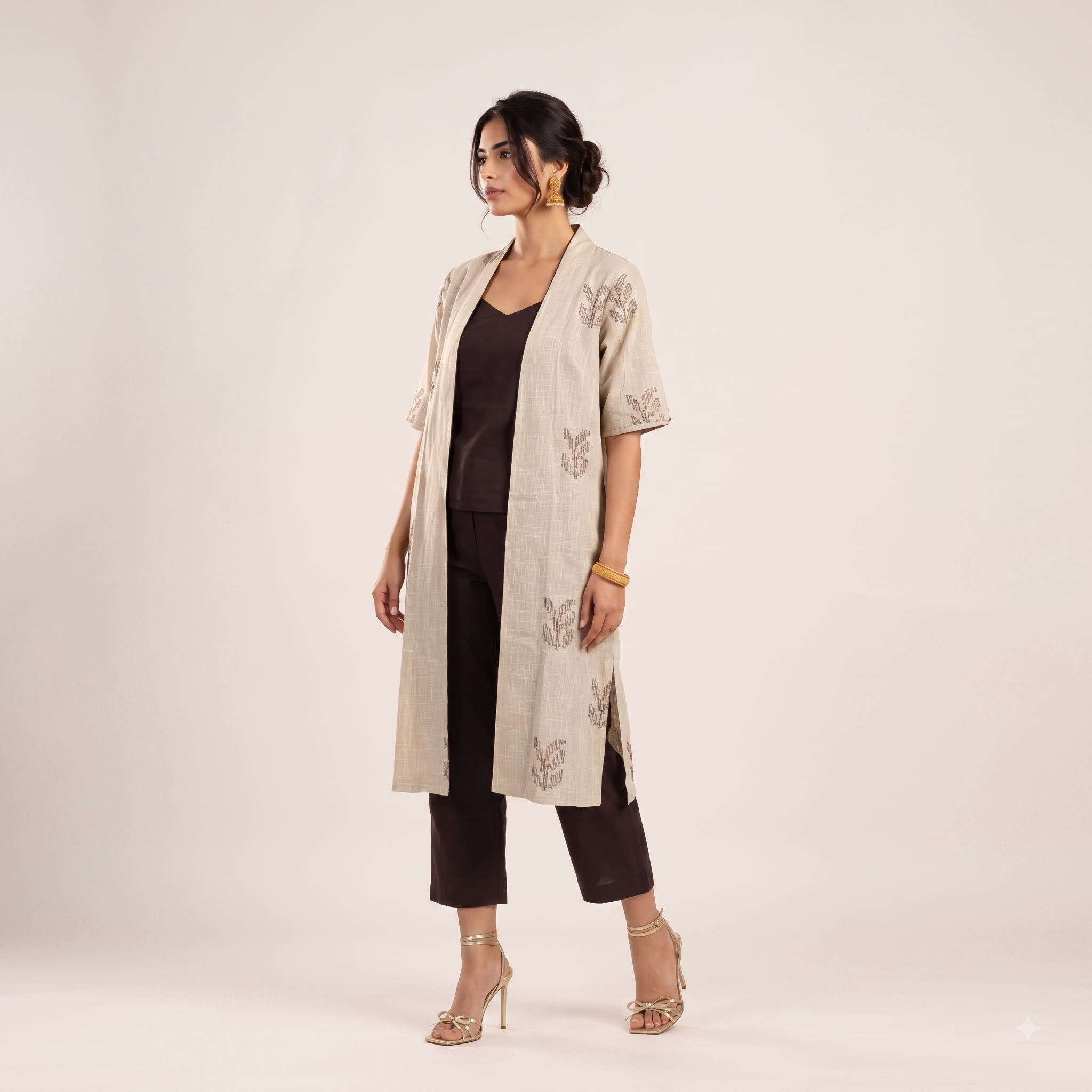 Ruth Set Of 3 - Overlay, Top & Pants - Greige & Coffee With Embroidery