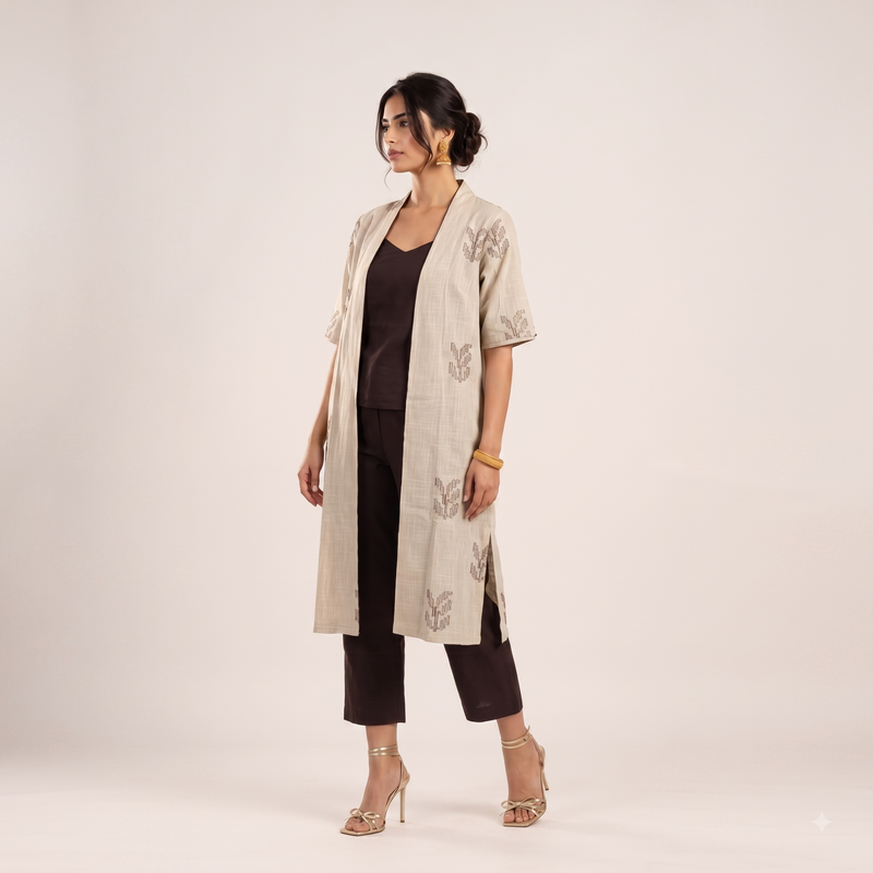 Ruth Set Of 3 - Overlay, Top & Pants - Greige & Coffee With Embroidery