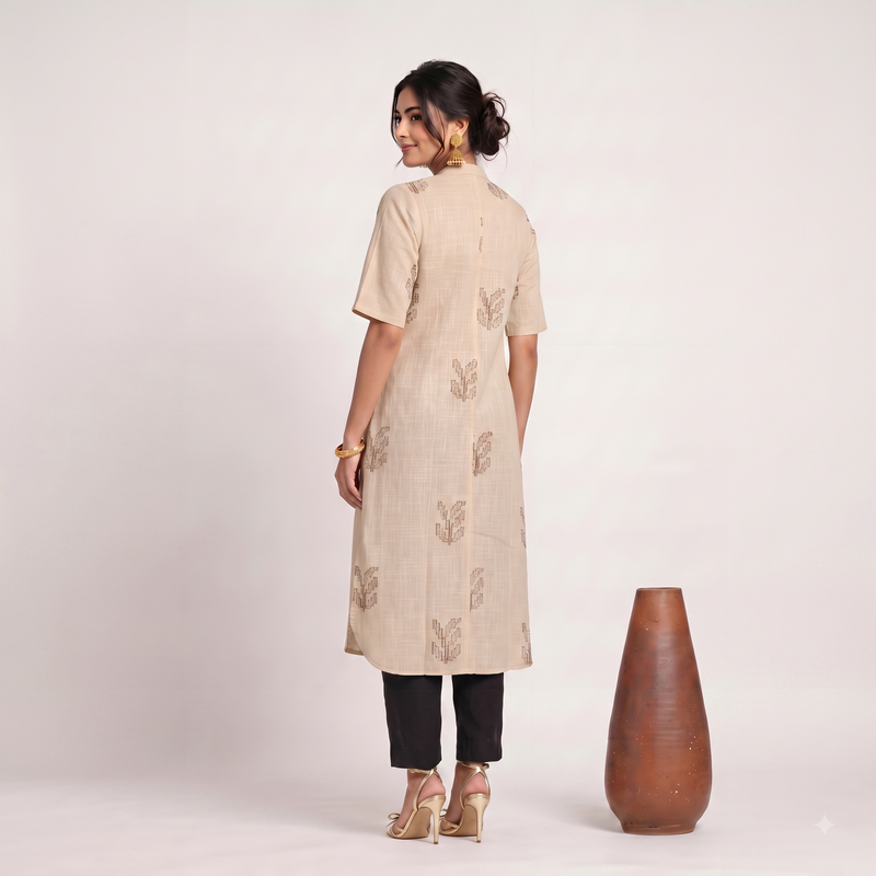 Ruth Set Of 3 - Overlay, Top & Pants - Greige & Coffee With Embroidery