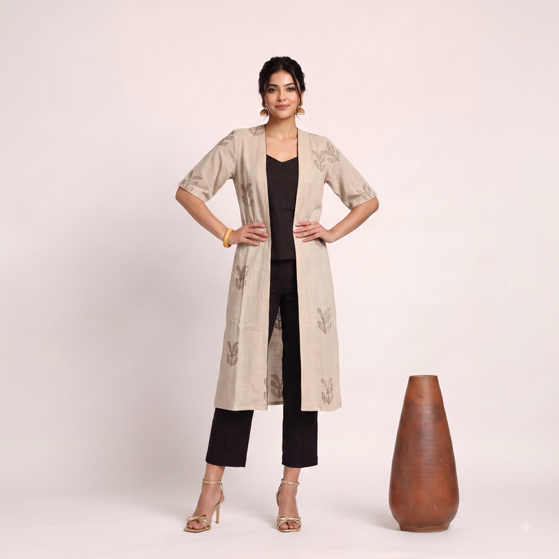 Ruth Set Of 3 - Overlay, Top & Pants - Greige & Coffee With Embroidery