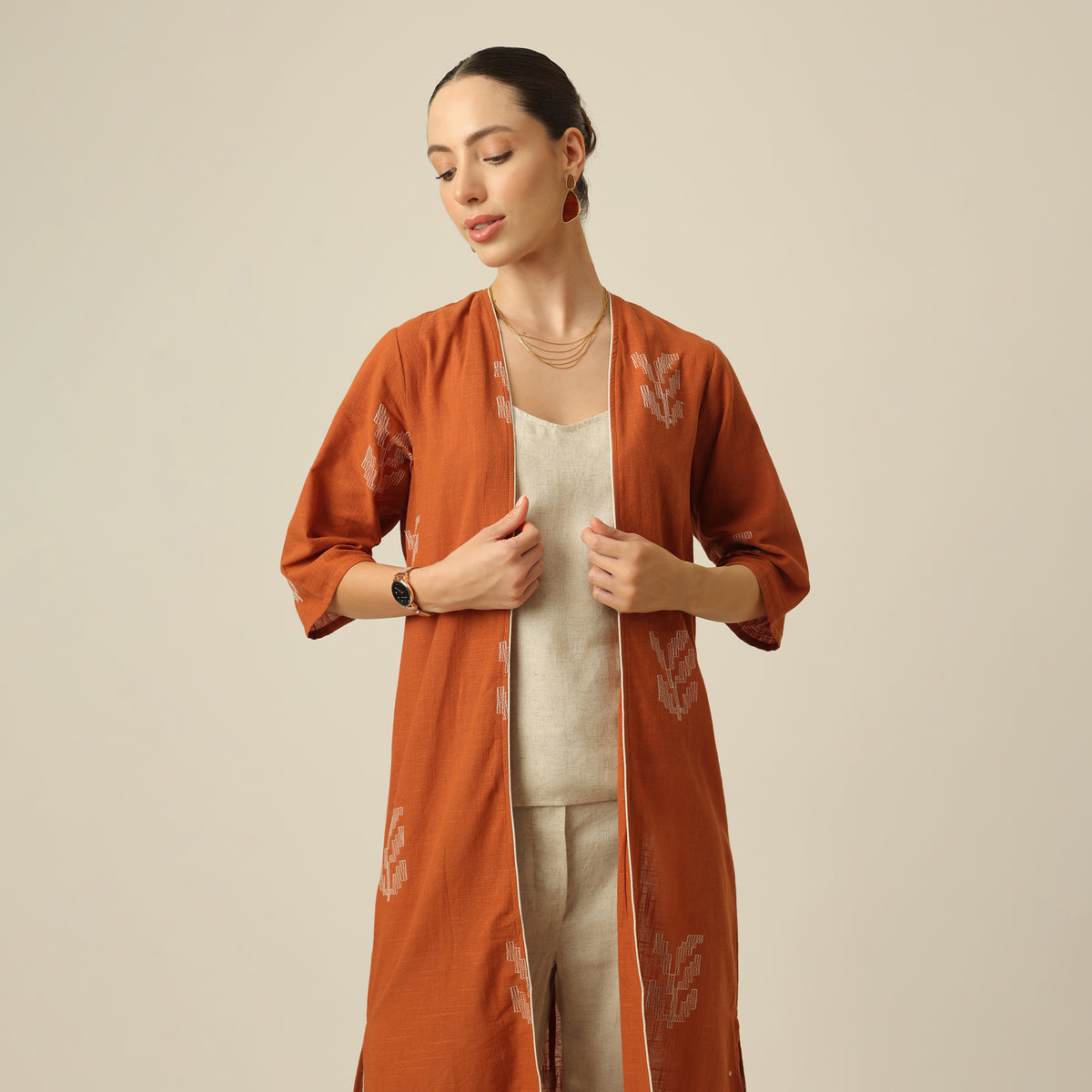 Long Overlay - Orange With Beige Contrast Edging With Embroidery