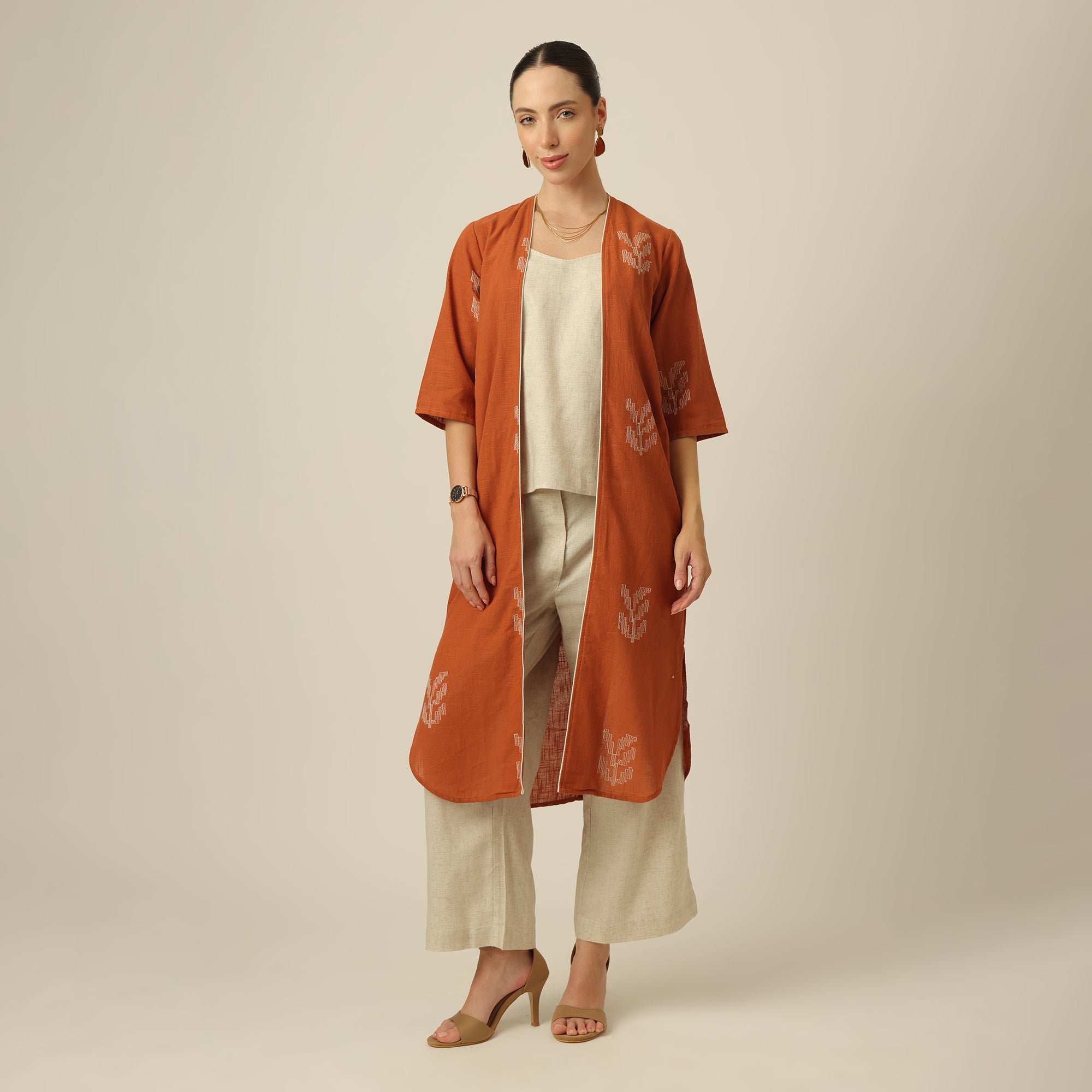 Long Overlay - Orange With Beige Contrast Edging With Embroidery