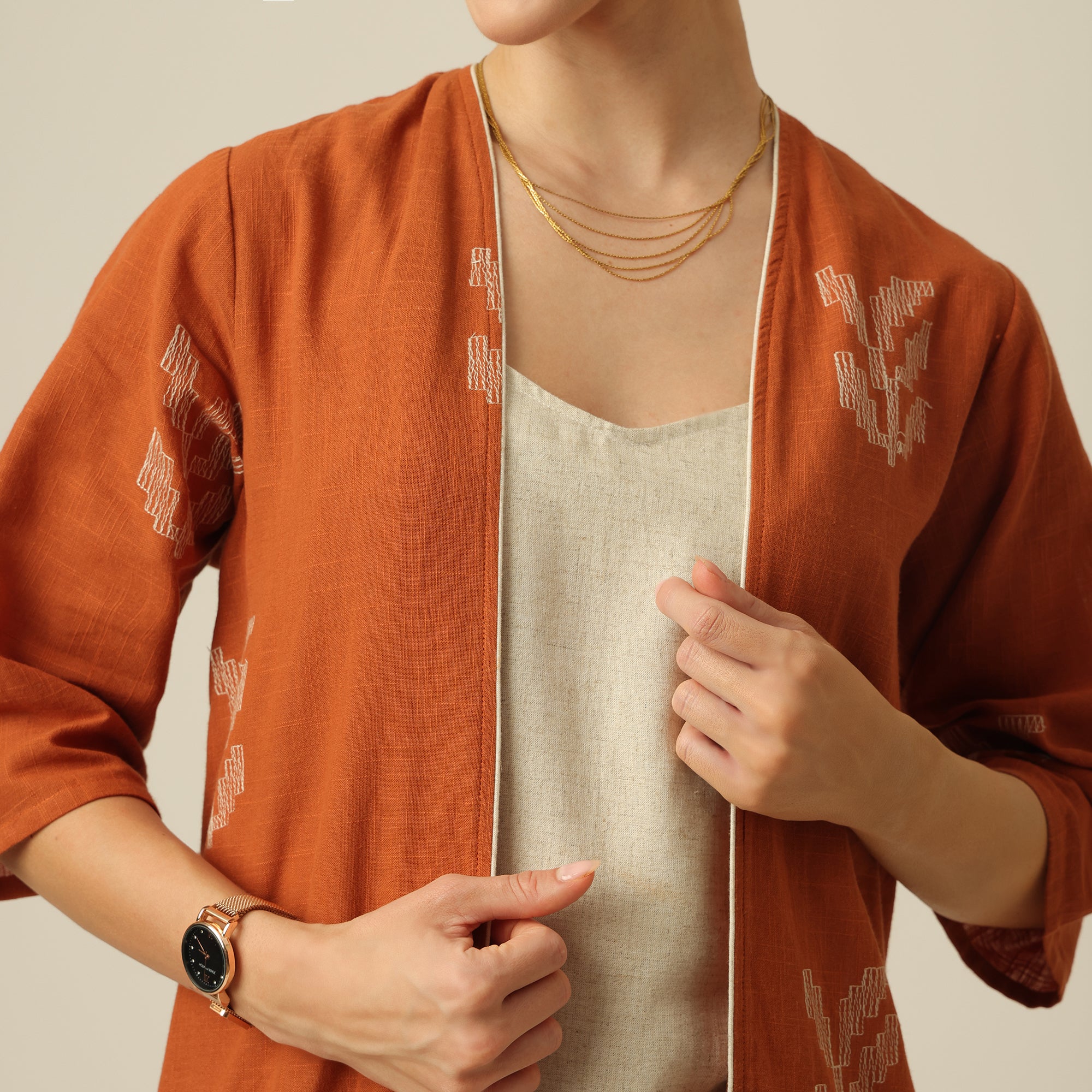 Long Overlay - Orange With Beige Contrast Edging With Embroidery
