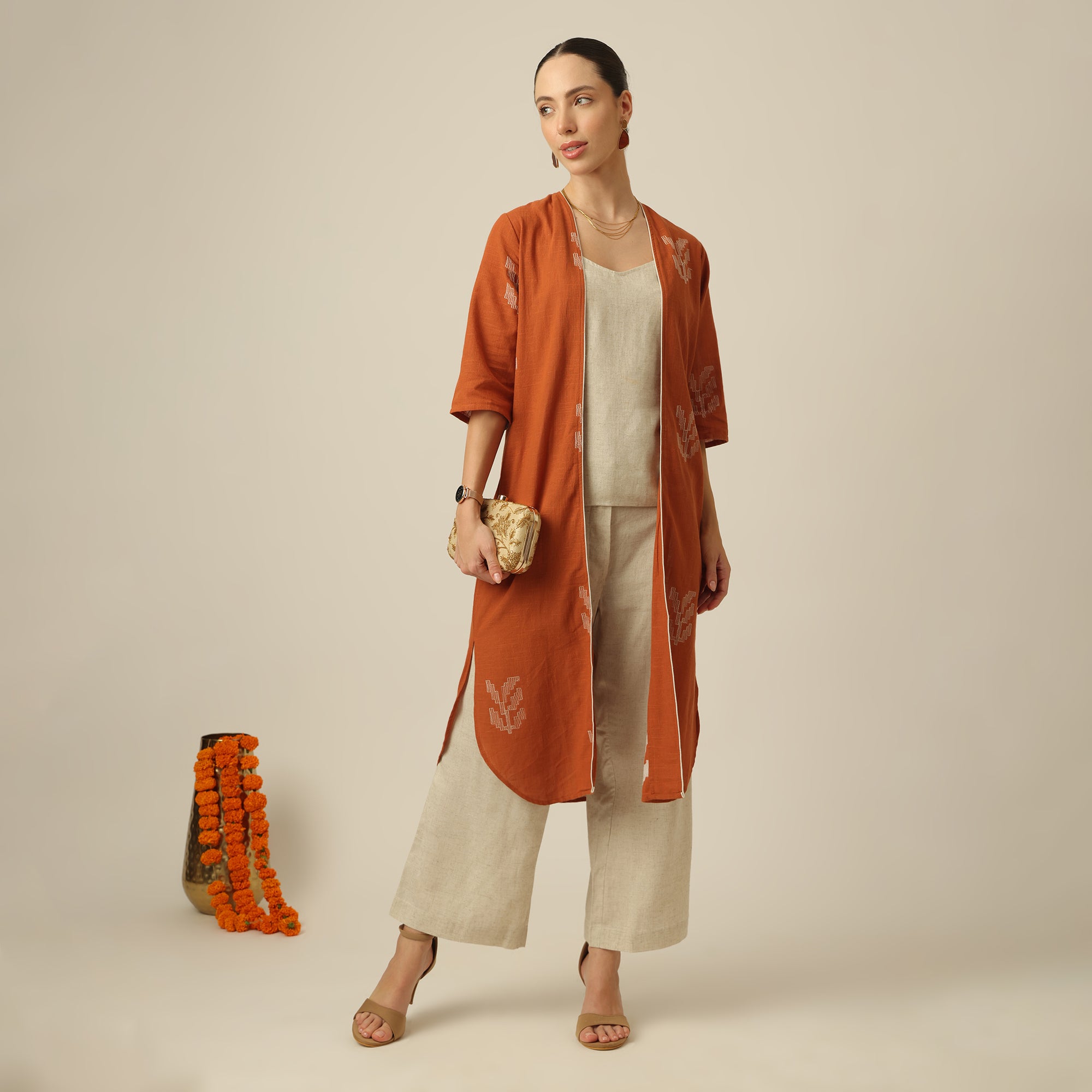 Long Overlay - Orange With Beige Contrast Edging With Embroidery