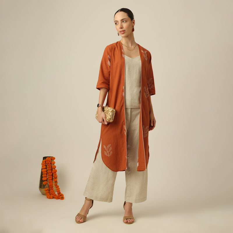 Long Overlay - Orange With Beige Contrast Edging With Embroidery