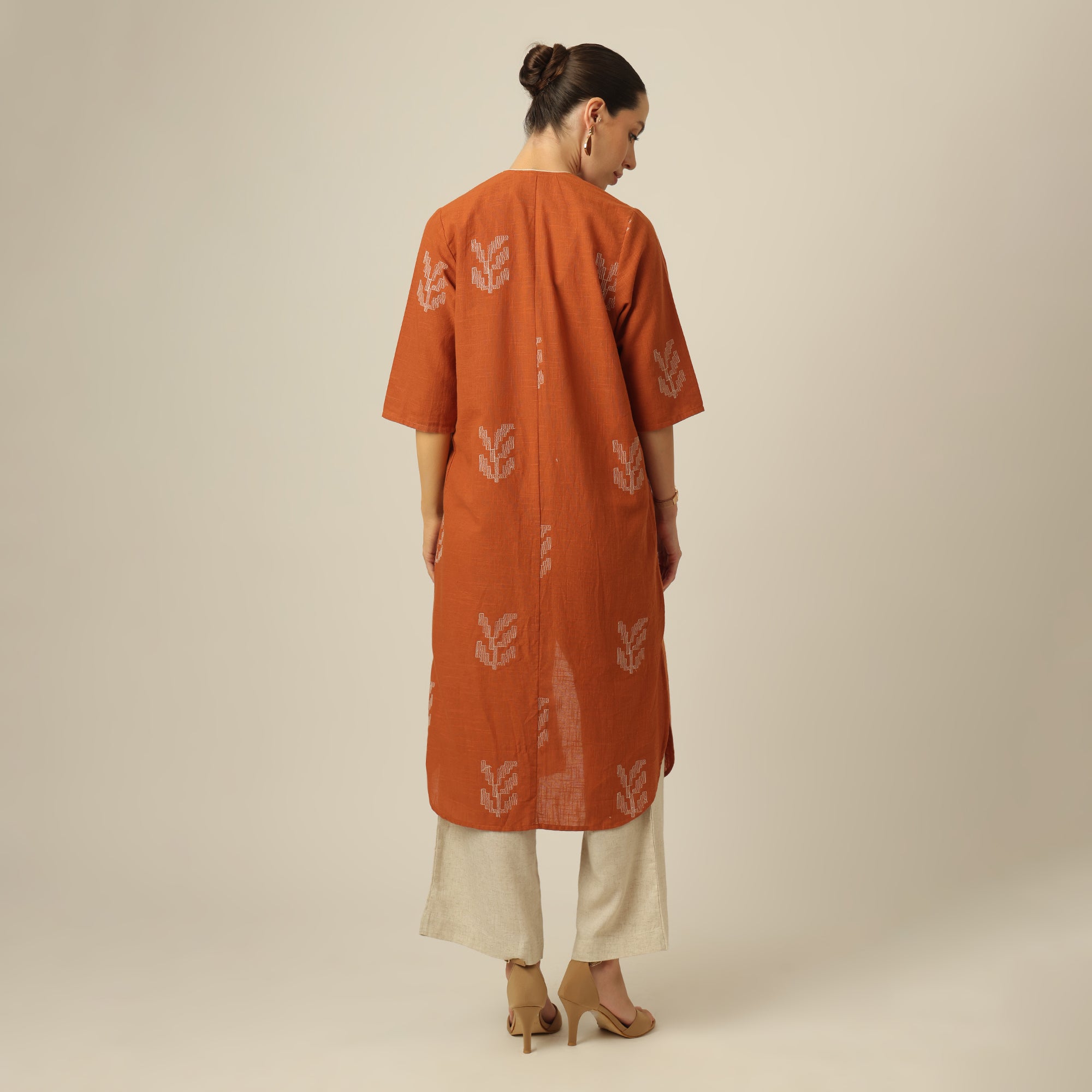 Ruth Set Of 3 - Overlay, Top & Pants - Orange & Beige With Embroidery