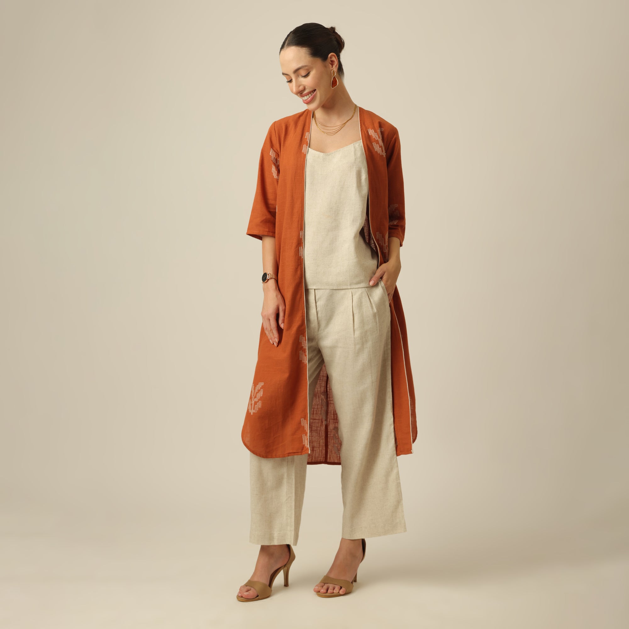 Ruth Set Of 3 - Overlay, Top & Pants - Orange & Beige With Embroidery