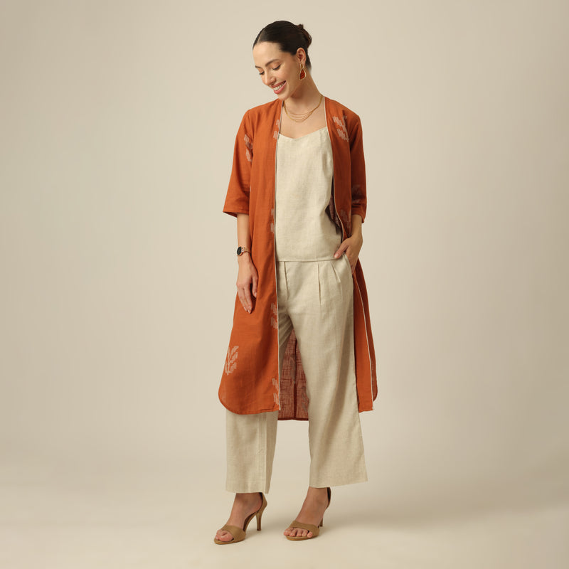 Ruth Set Of 3 - Overlay, Top & Pants - Orange & Beige With Embroidery
