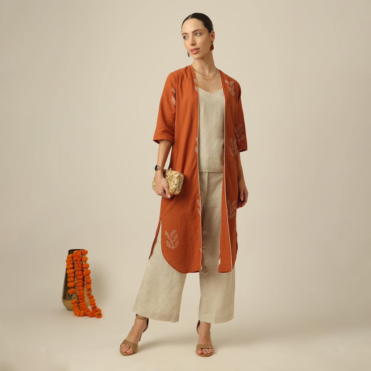 Ruth Set Of 3 - Overlay, Top & Pants - Orange & Beige With Embroidery