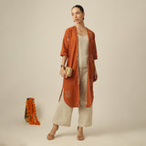 Ruth Set Of 3 - Overlay, Top & Pants - Orange & Beige With Embroidery