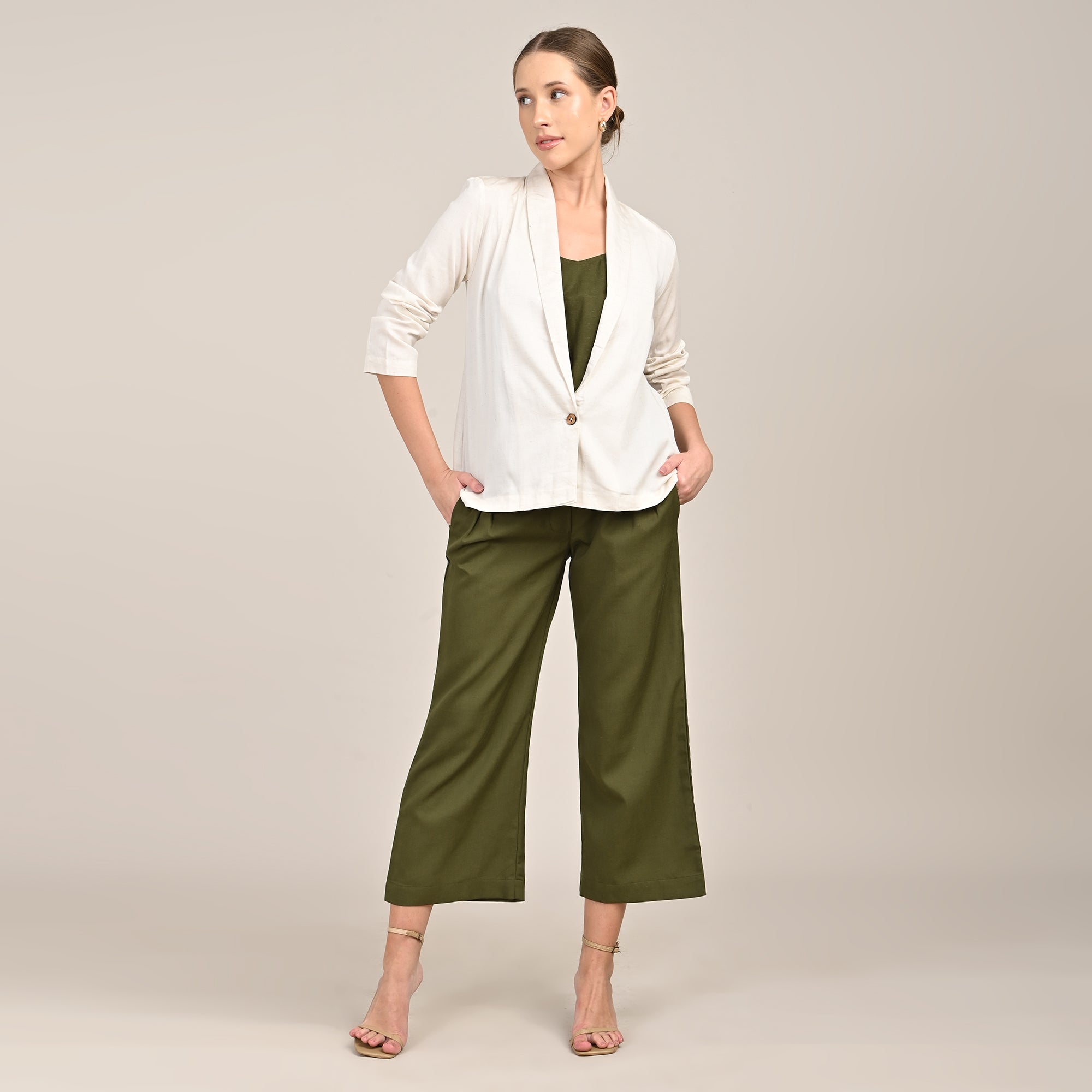 Donna Set of 3 - Long Shirt, Inner & Pants - Ecru & Olive