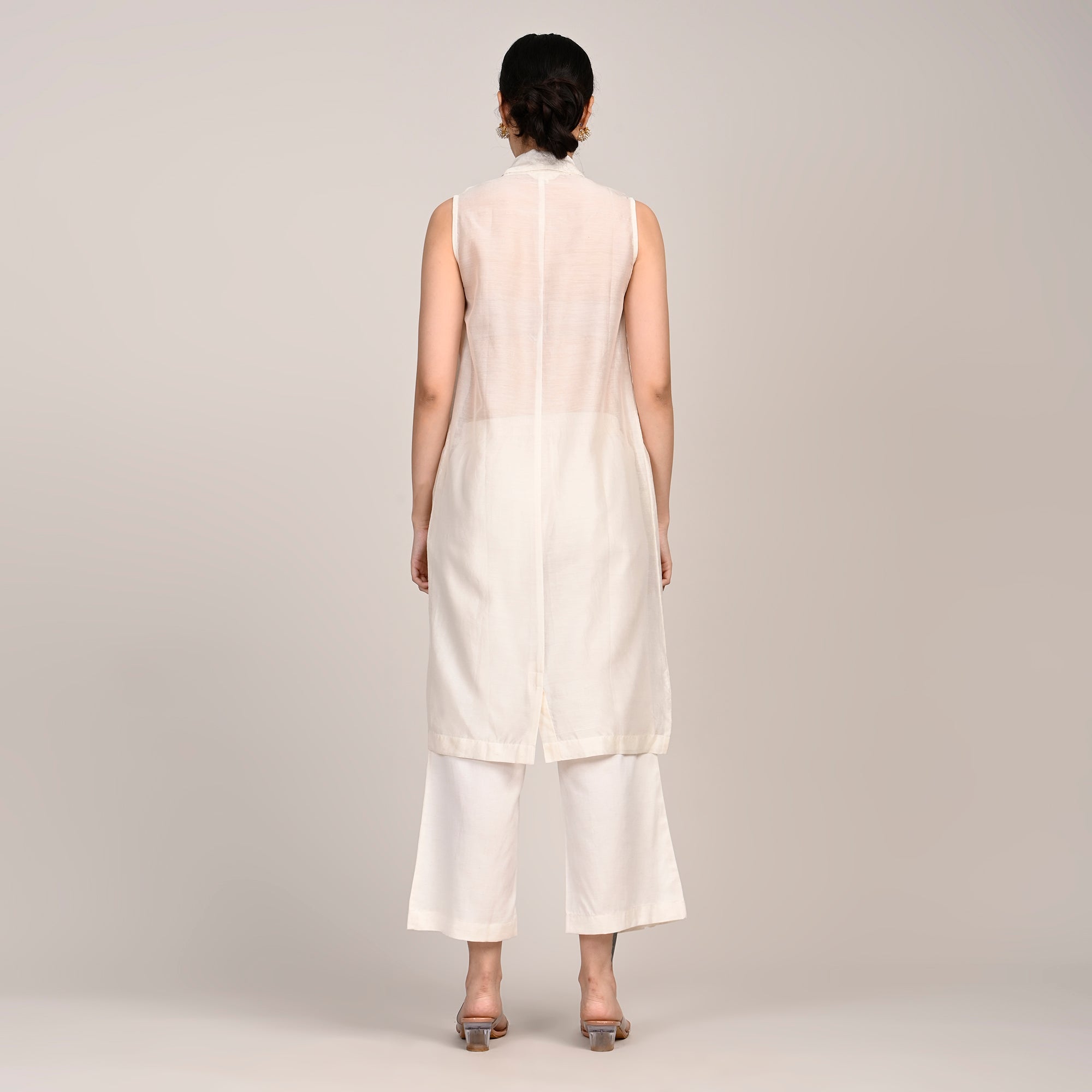 Ava Vest Jacket - With Hand Embroidered Motif - Limited Edition - Pearl White Chanderi Silk