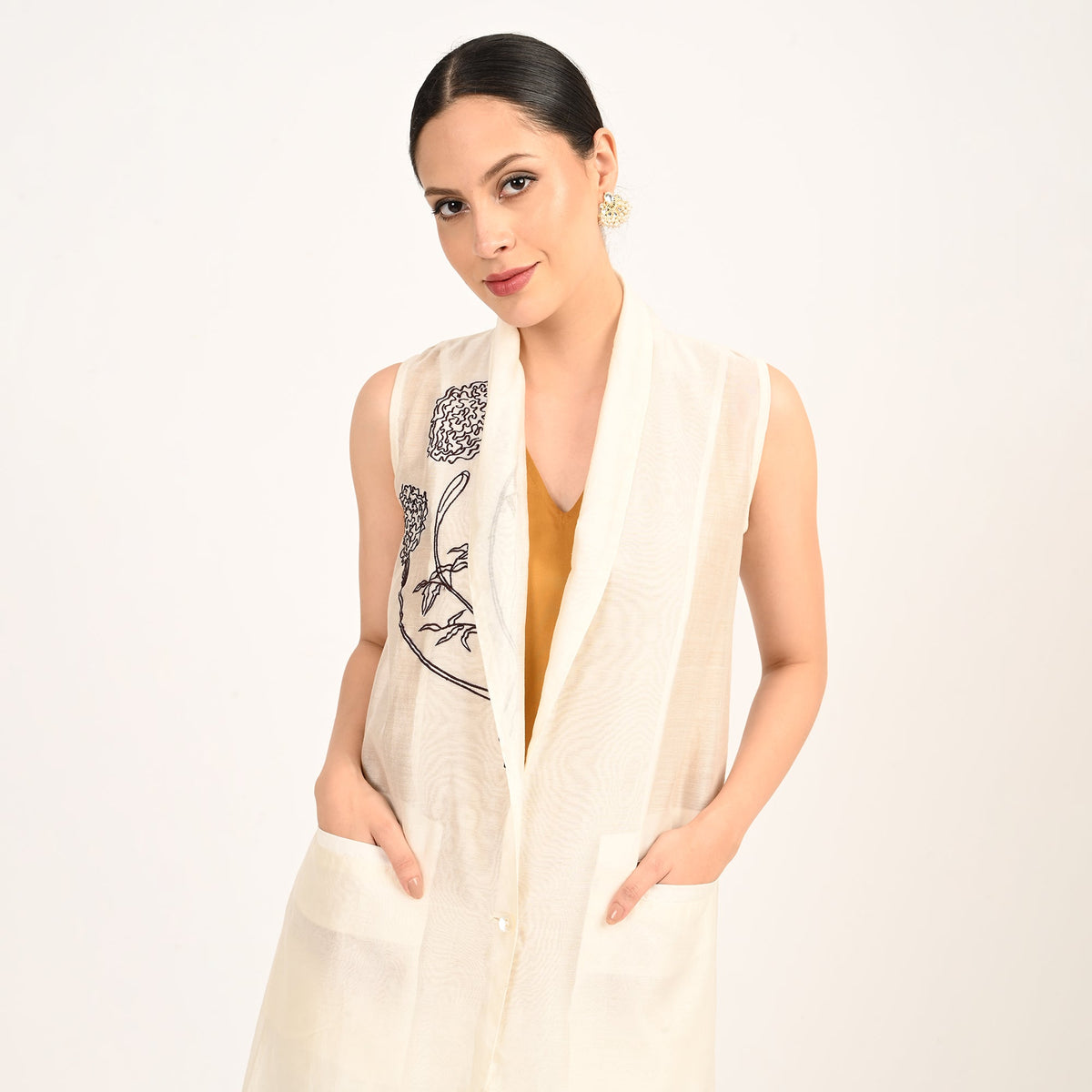 Ava Vest Jacket - With Hand Embroidered Motif - Limited Edition - Pearl White Chanderi Silk