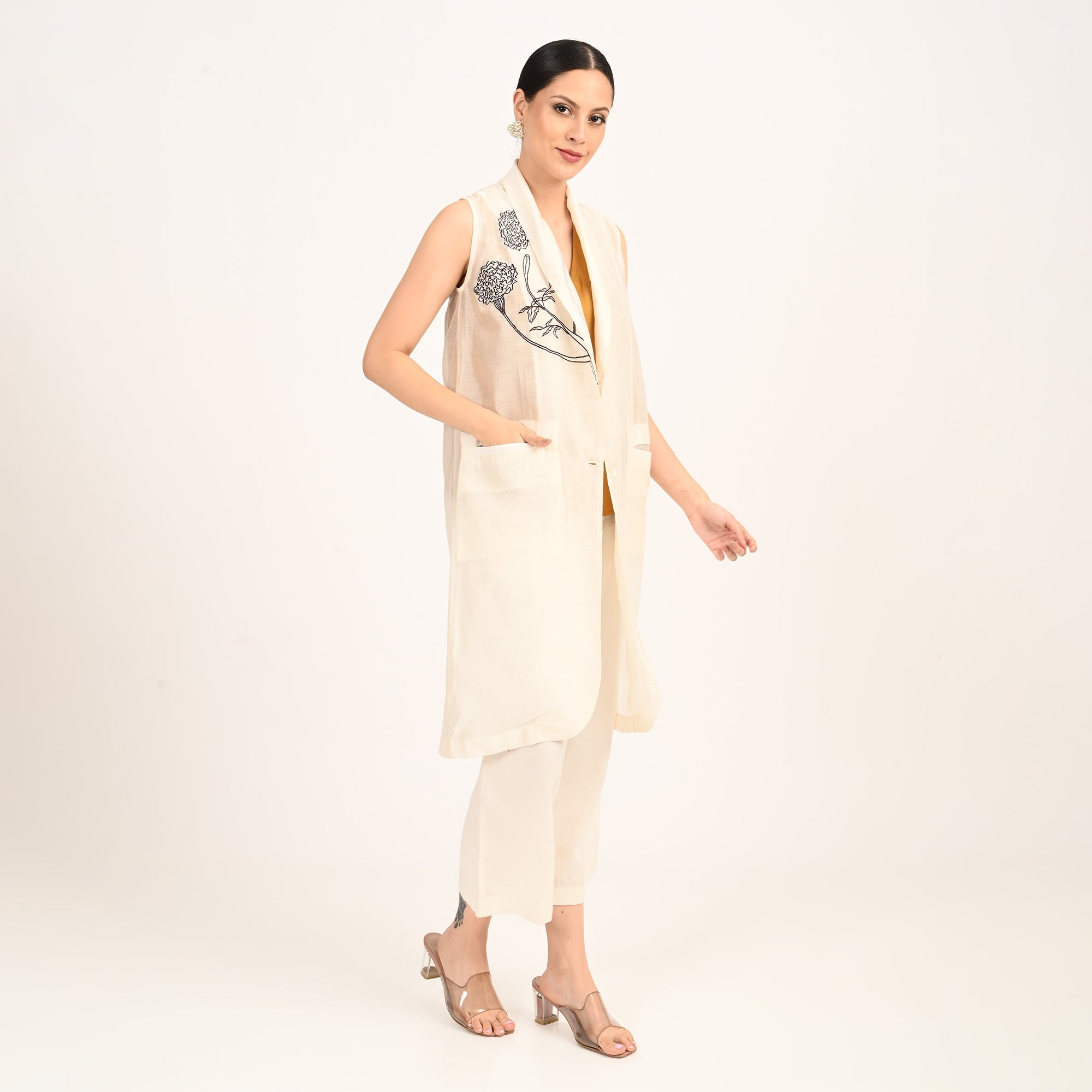 Ava Vest Jacket - With Hand Embroidered Motif - Limited Edition - Pearl White Chanderi Silk