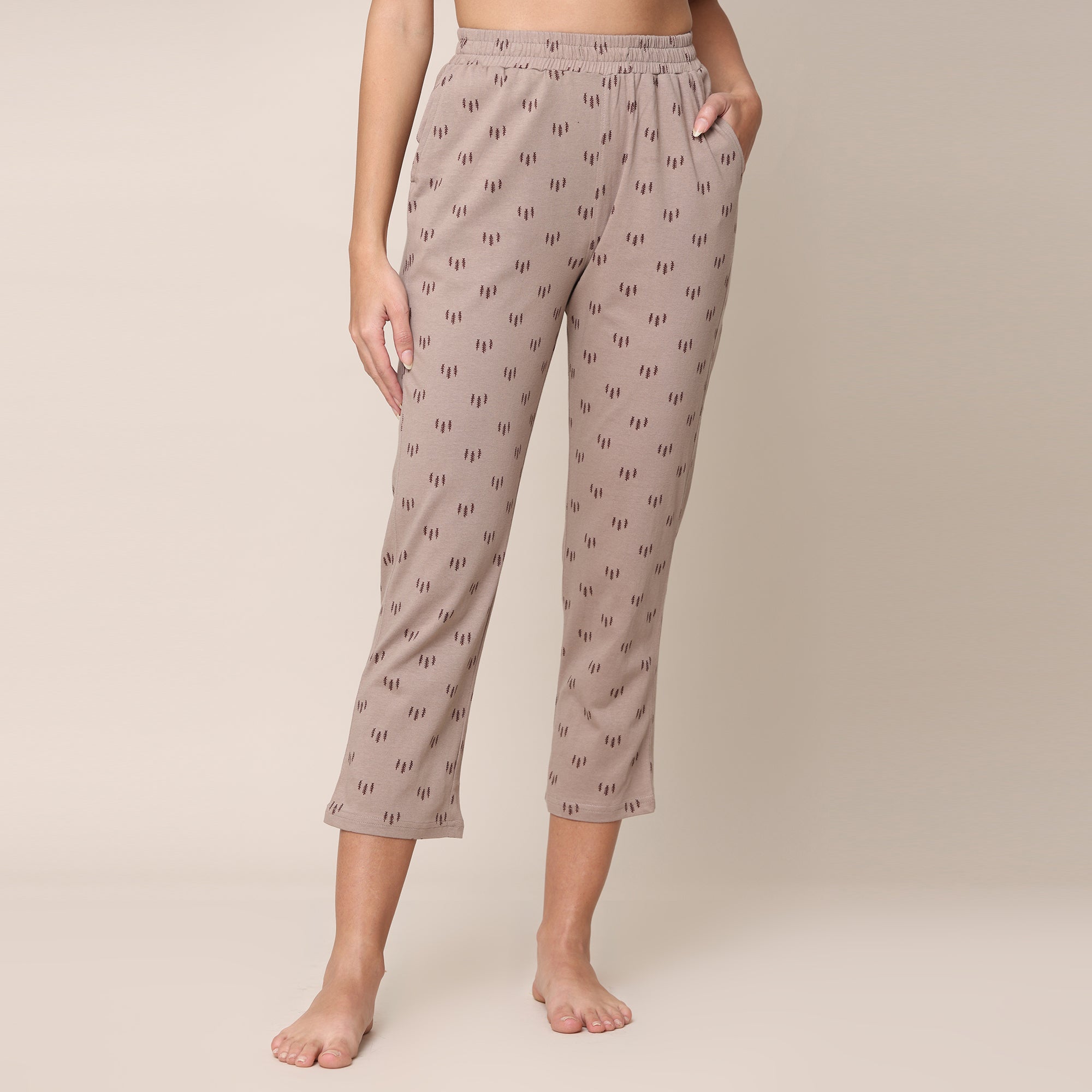 Pajama Pants - Taupe With All Over Pine Tree Print
