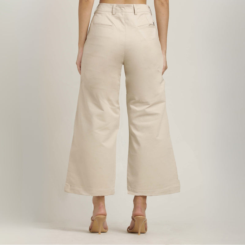 Flora Set Of 2 - Puff Sleeves Top & Wide-Leg Cropped Chinos - Ecru & Beige