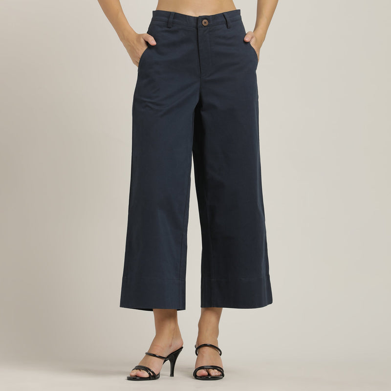 Flora Set Of 2 - Puff Sleeves Top & Wide-Leg Cropped Chinos - Autumn Rust & Navy Blue