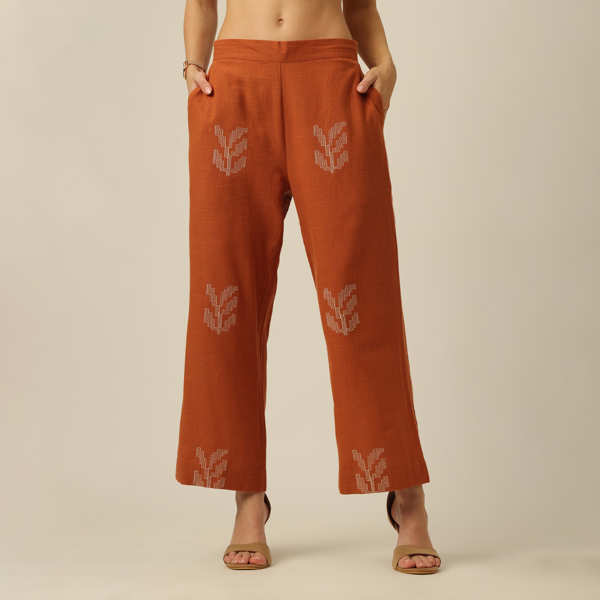 Juniper Set Of 3 - Overlay, Slip Top & Barrel Leg Pants - Orange & Greige With Embroidery