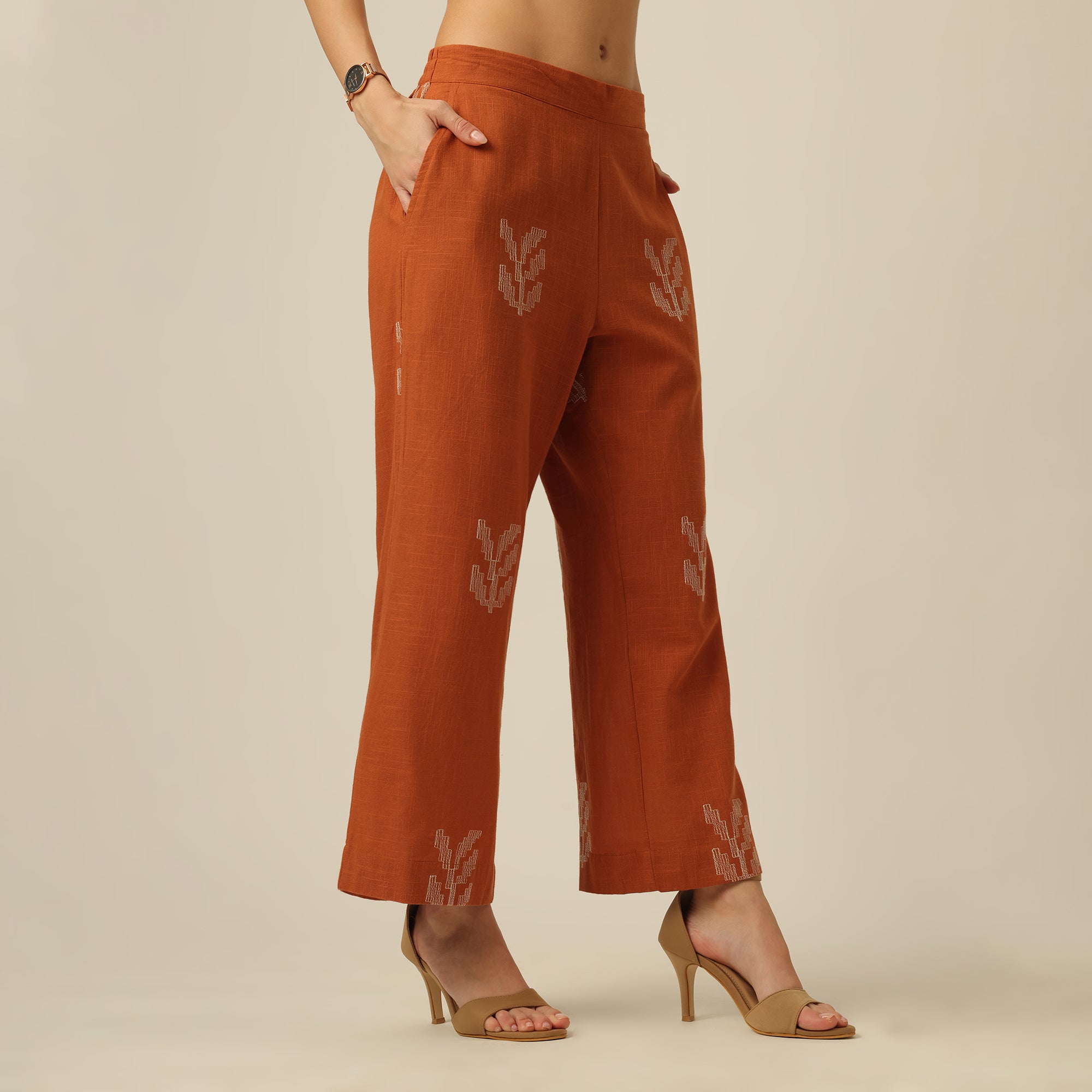 Juniper Set Of 3 - Overlay, Slip Top & Barrel Leg Pants - Orange & Greige With Embroidery
