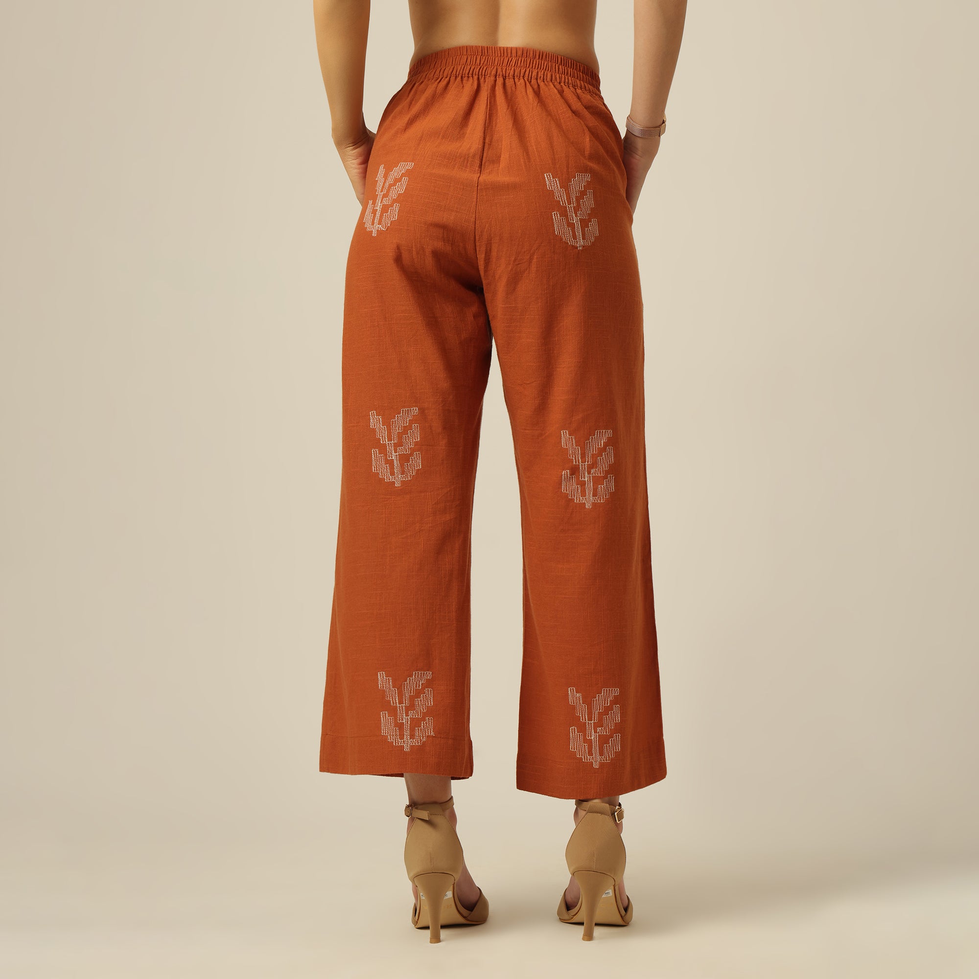 Juniper Set Of 3 - Overlay, Slip Top & Barrel Leg Pants - Orange & Greige With Embroidery
