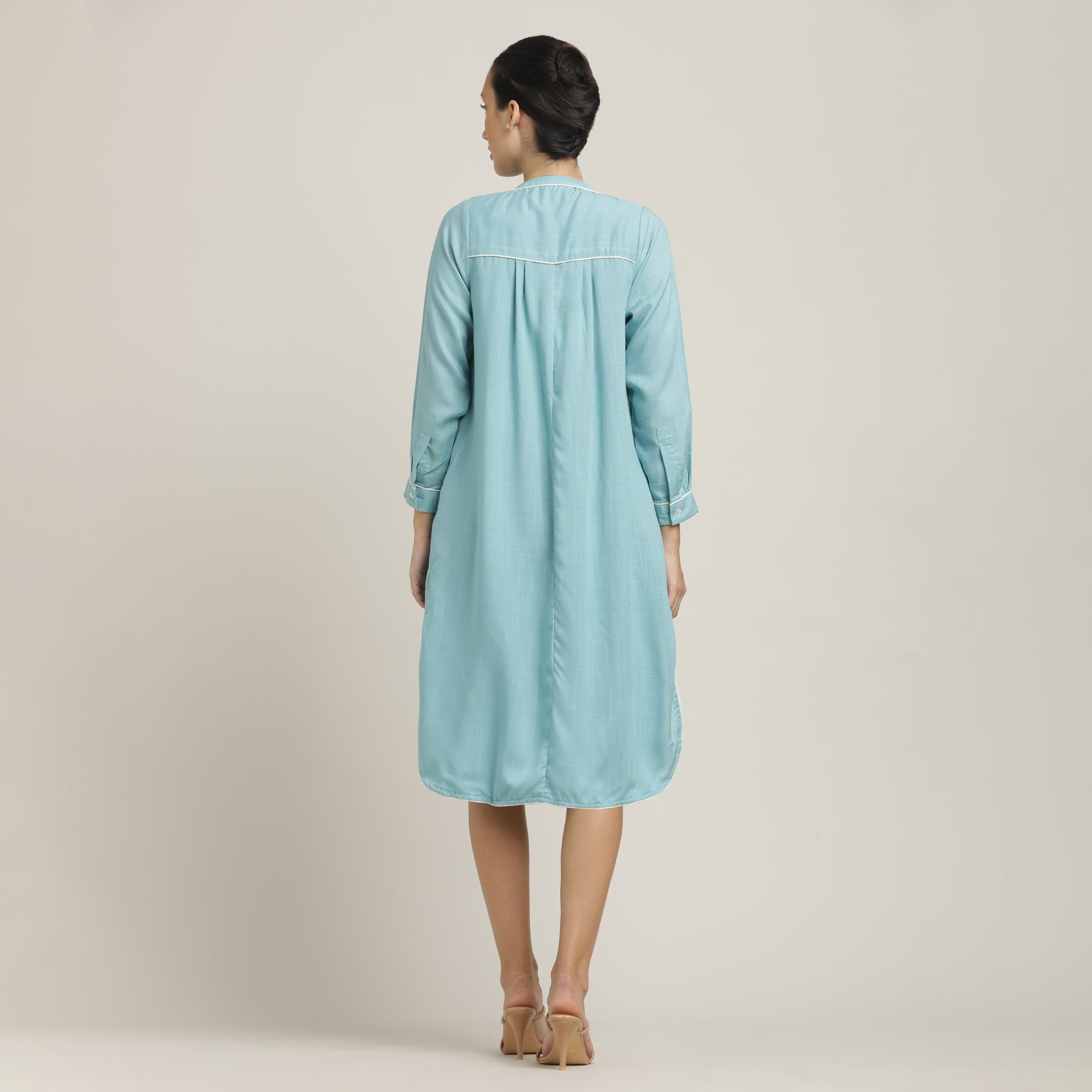 Florence Mandarin Collar Long Shirt - Blue With Ecru Edging
