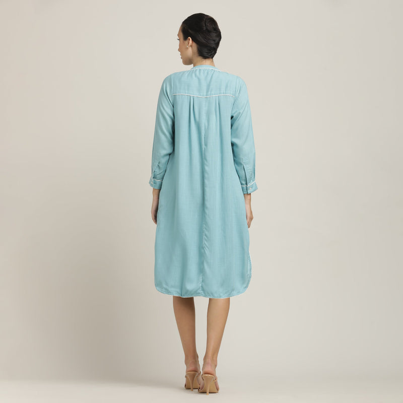 Florence Mandarin Collar Long Shirt - Blue With Ecru Edging