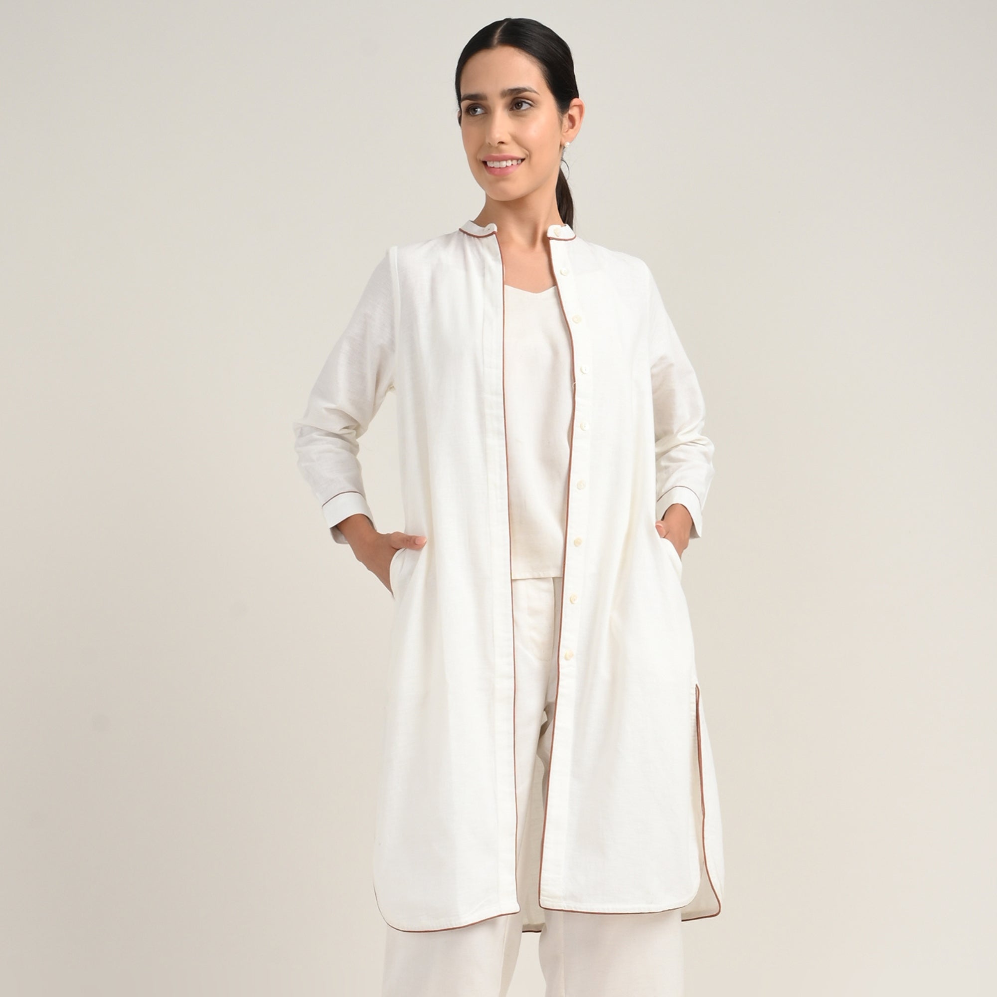 Florence Set Of 3 - Overlay, Slip Top & Barrel Leg Pants - Ecru With Autumn Rust Edging