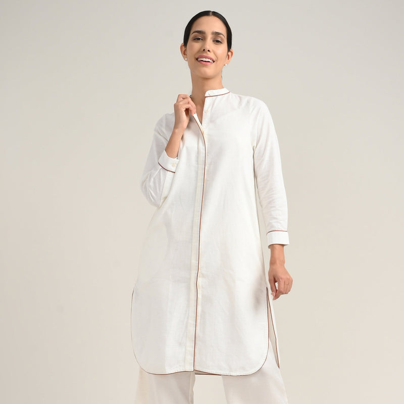 Florence Set Of 2 - Long Shirt Tunic & Barrel Leg Pants - Ecru With Autumn Rust Edging
