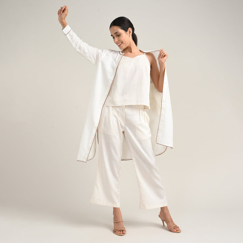 Florence Set Of 3 - Overlay, Slip Top & Barrel Leg Pants - Ecru With Autumn Rust Edging