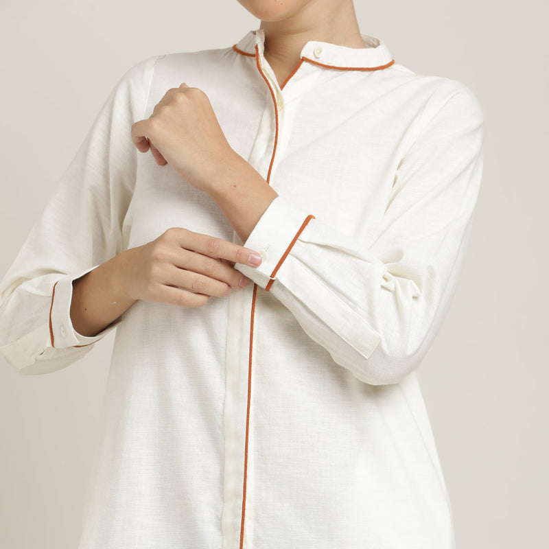 Florence Mandarin Collar Long Shirt - Ecru With Autumn Rust Edging