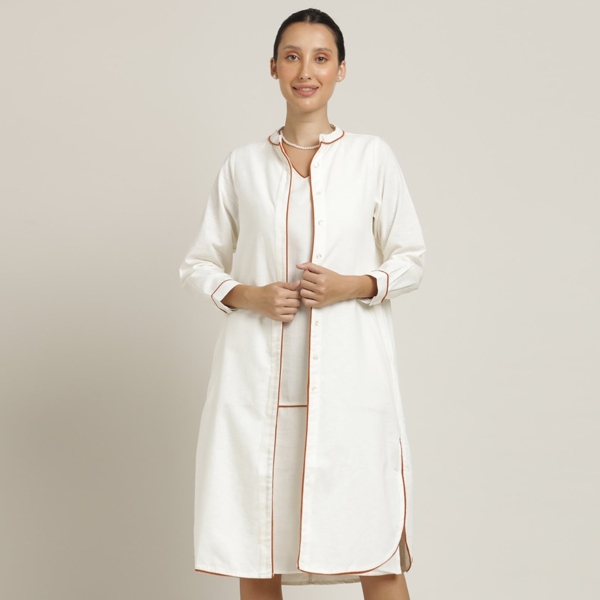 Jackie Dress & Jacket Set - Ecru With Rust Orange Edging