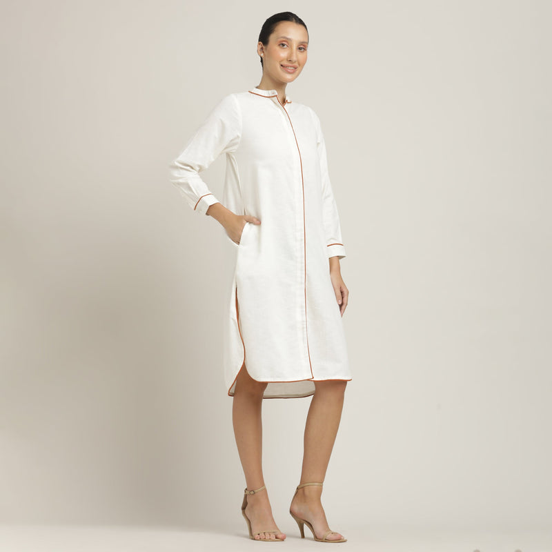 Florence Mandarin Collar Long Shirt - Ecru With Autumn Rust Edging