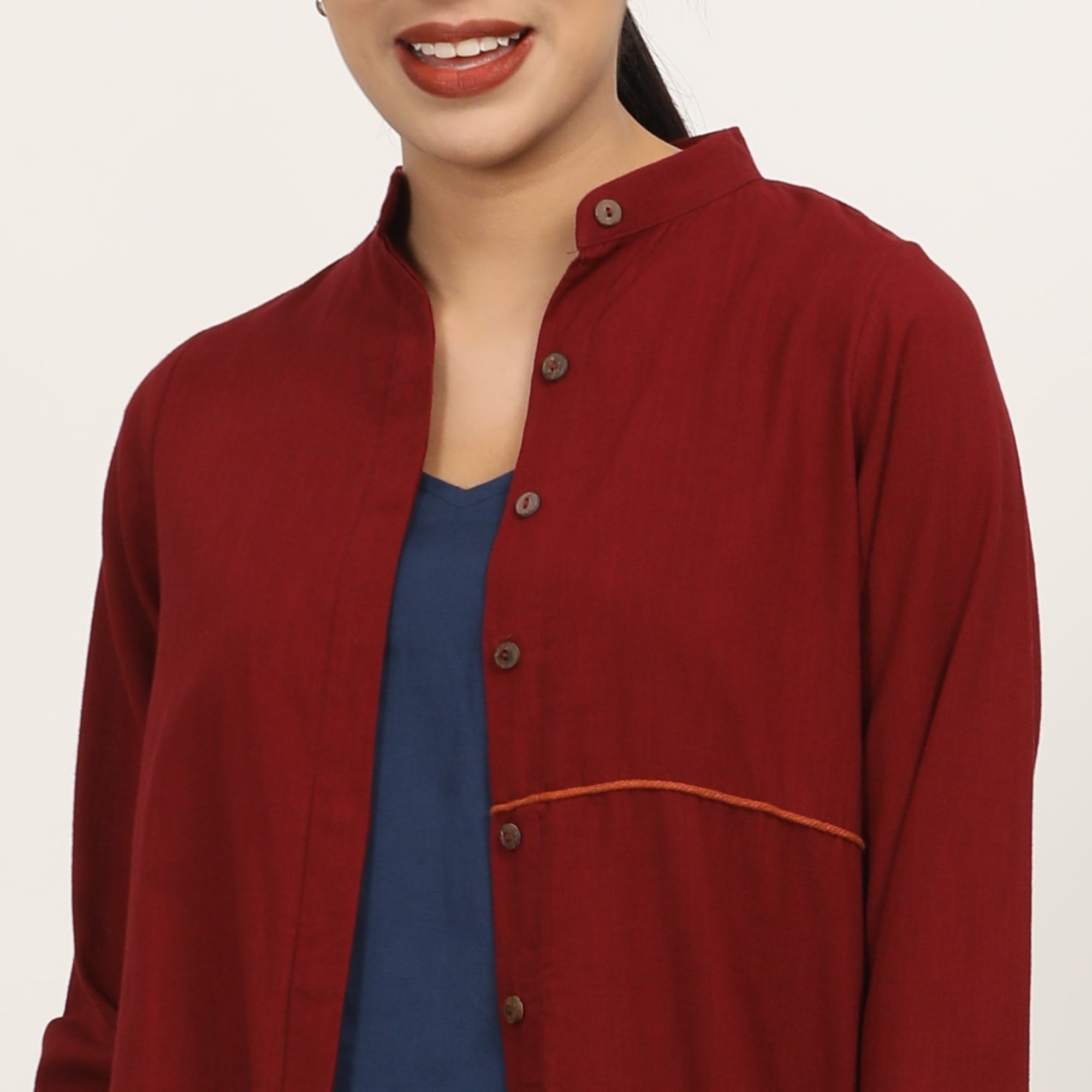 Florence Mandarin Collar Long Shirt - Maroon With Autumn Rust Contrast Edging