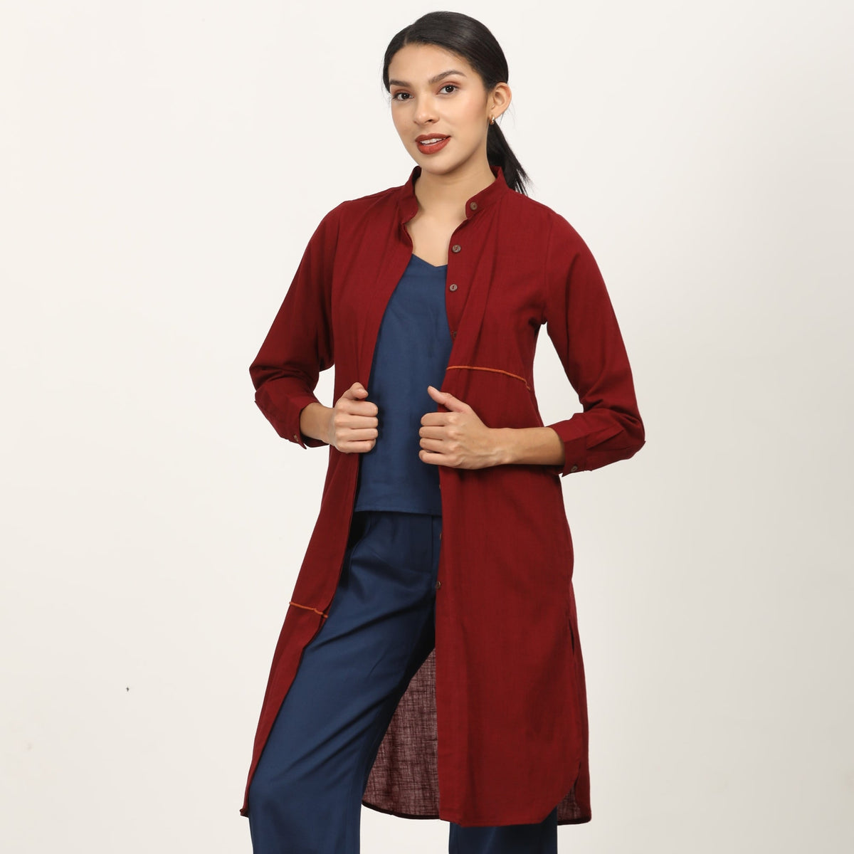 Florence Mandarin Collar Long Shirt - Maroon With Autumn Rust Contrast Edging