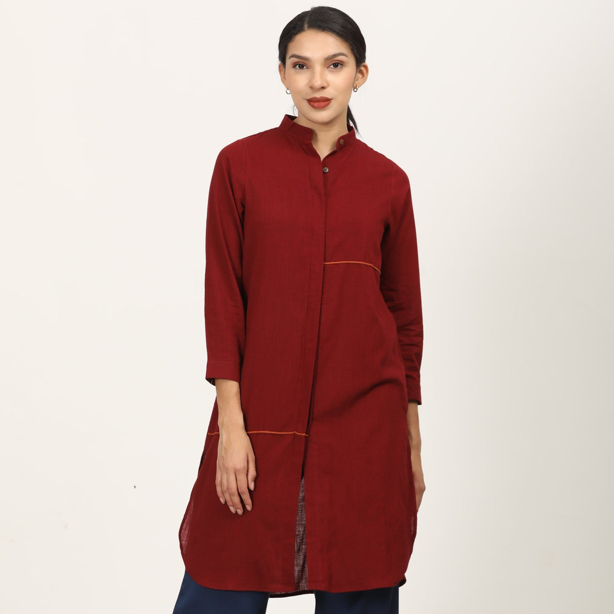 Florence Mandarin Collar Long Shirt - Maroon With Autumn Rust Contrast Edging