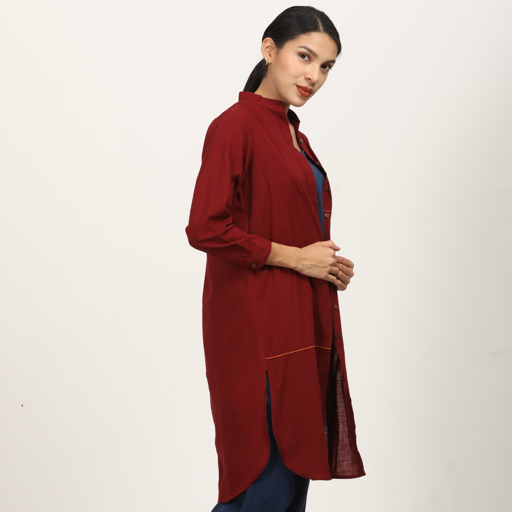 Florence Mandarin Collar Long Shirt - Maroon With Autumn Rust Contrast Edging