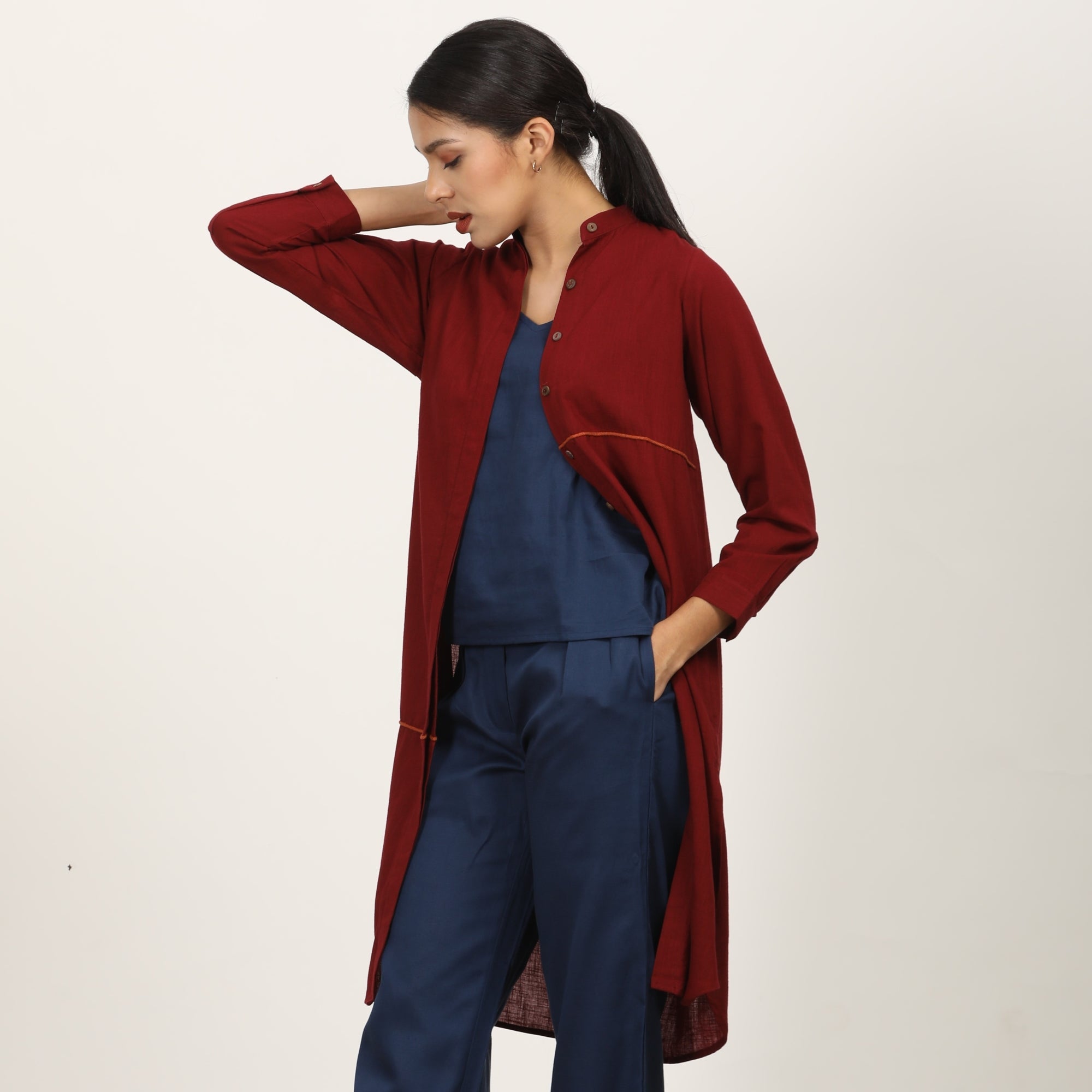 Florence Mandarin Collar Long Shirt - Maroon With Autumn Rust Contrast Edging