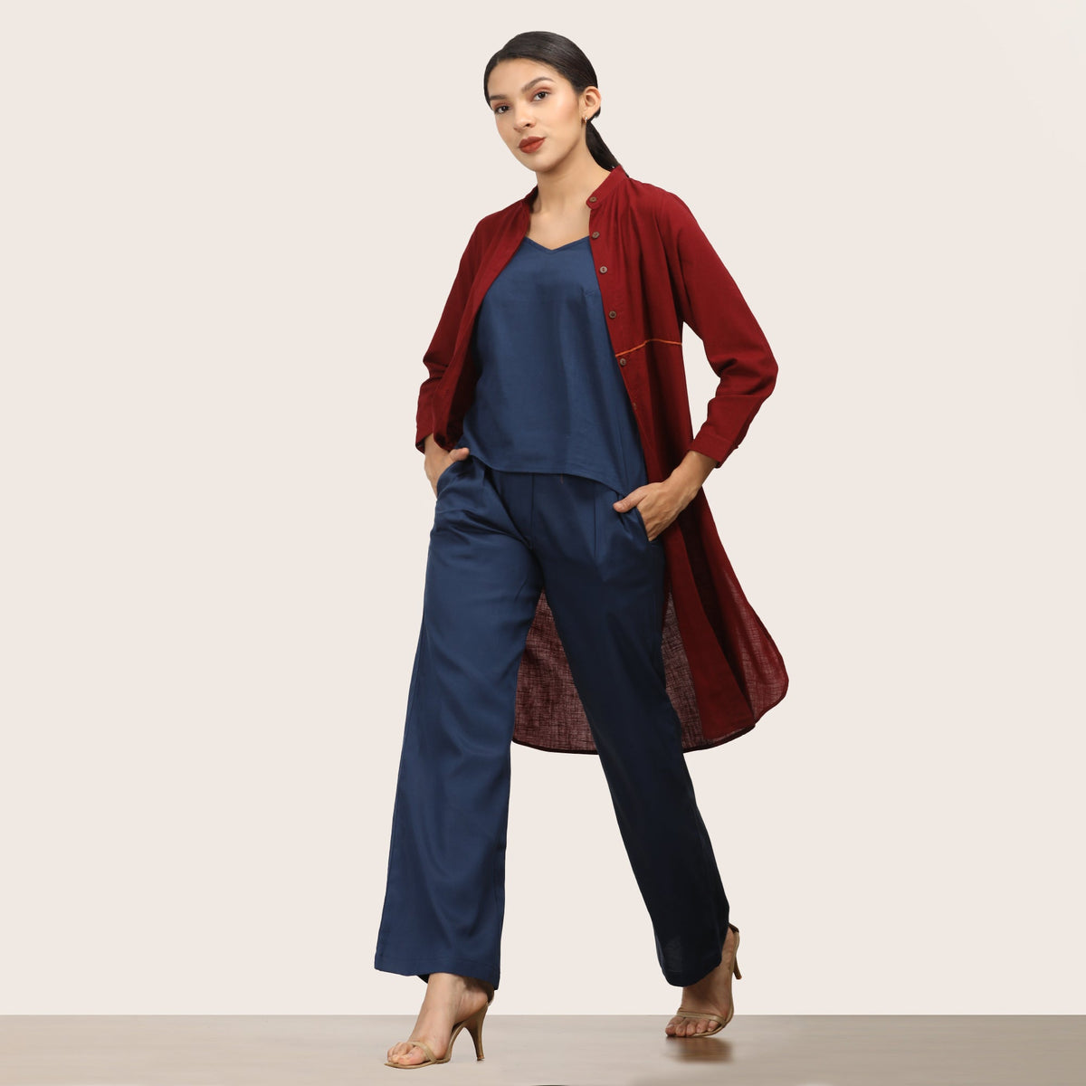 Florence Set Of 3 - Long Shirt, Inner & Pants - Maroon & Navy