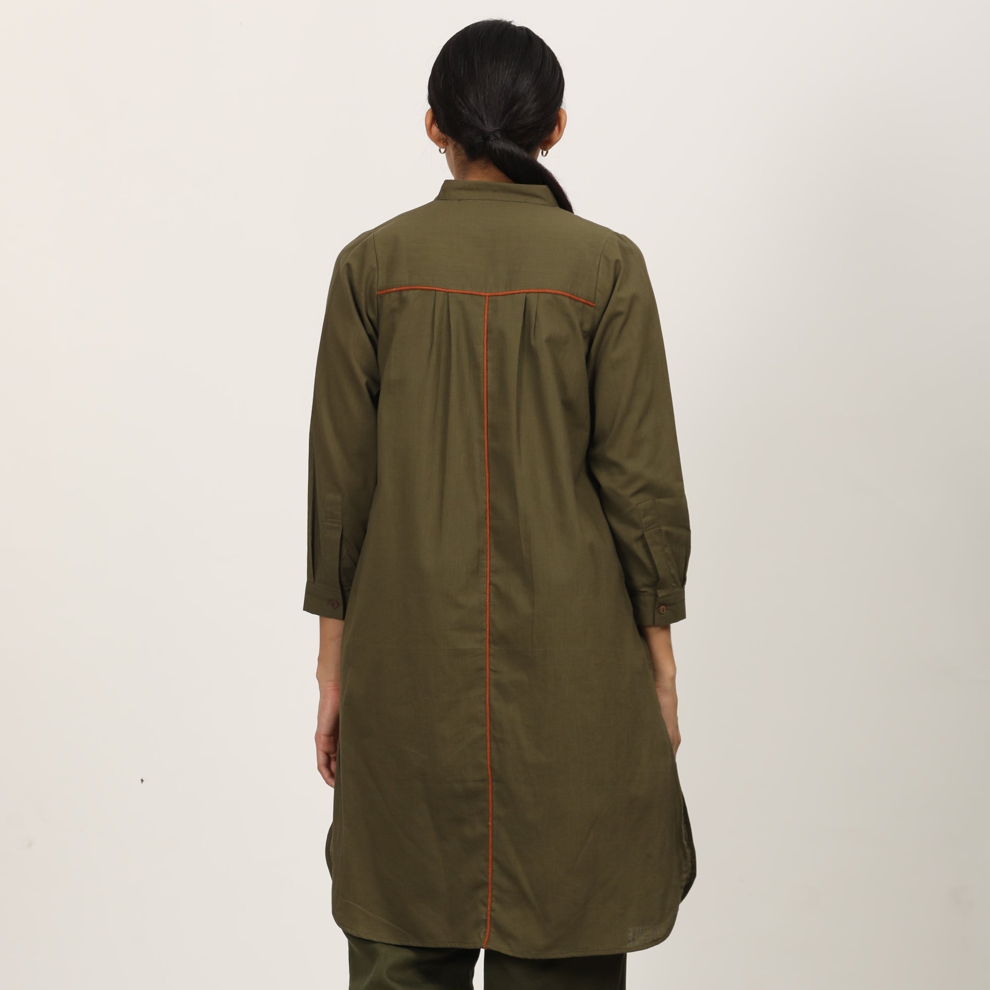 Florence Co-Ord Set Of 2 - Long Shirt & Pants - Olive & Autumn Rust With Contrast Edging