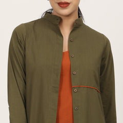 Florence Mandarin Collar Long Shirt - Olive & Autumn Rust With Contrast Edging