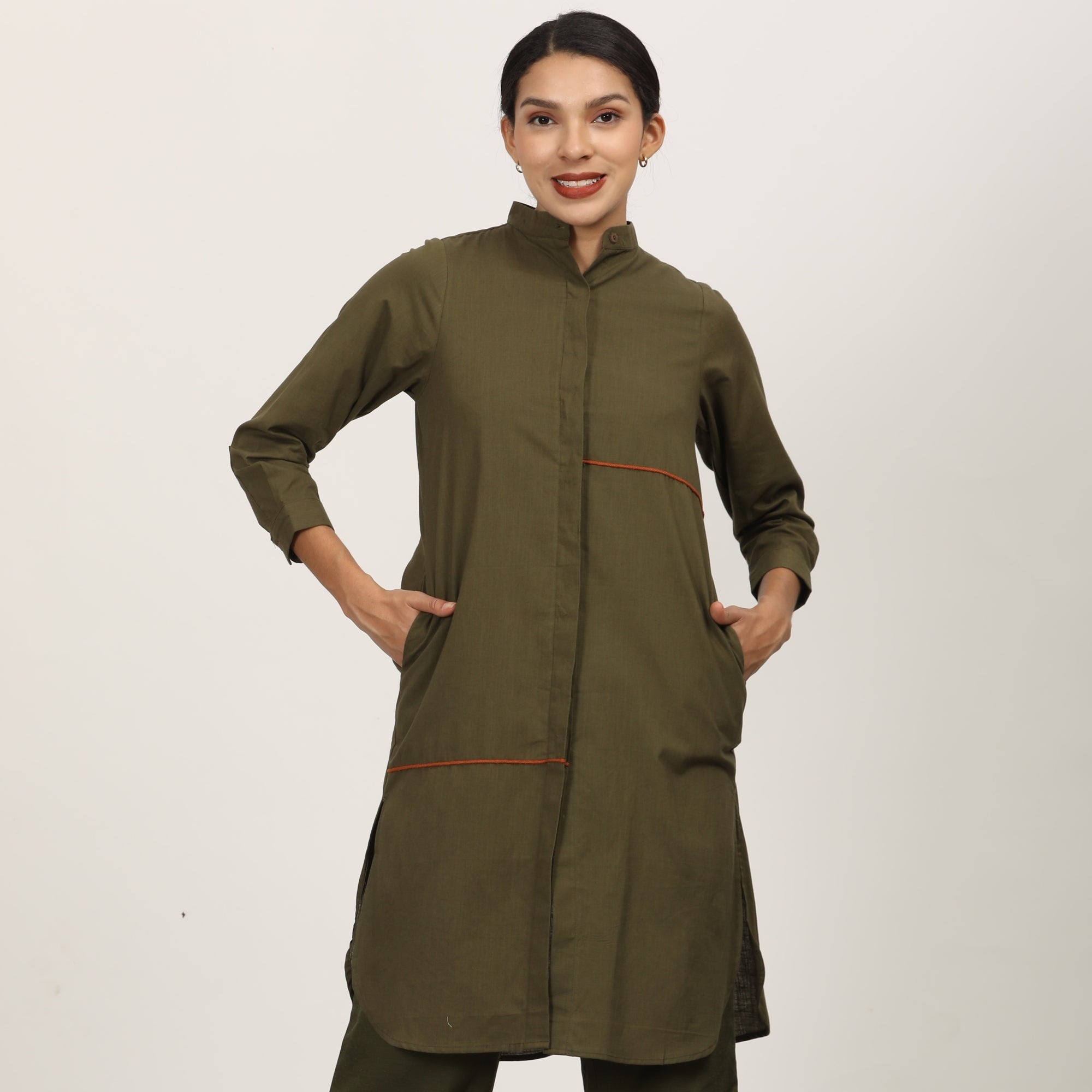 Florence Co-Ord Set Of 2 - Long Shirt & Pants - Olive & Autumn Rust With Contrast Edging