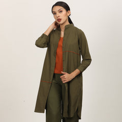 Florence Mandarin Collar Long Shirt - Olive & Autumn Rust With Contrast Edging