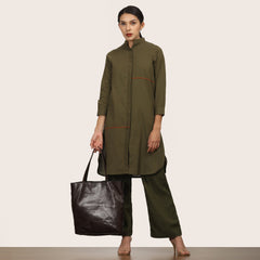 Florence Co-Ord Set Of 2 - Long Shirt & Pants - Olive & Autumn Rust With Contrast Edging