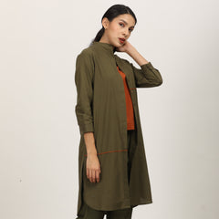 Florence Mandarin Collar Long Shirt - Olive & Autumn Rust With Contrast Edging