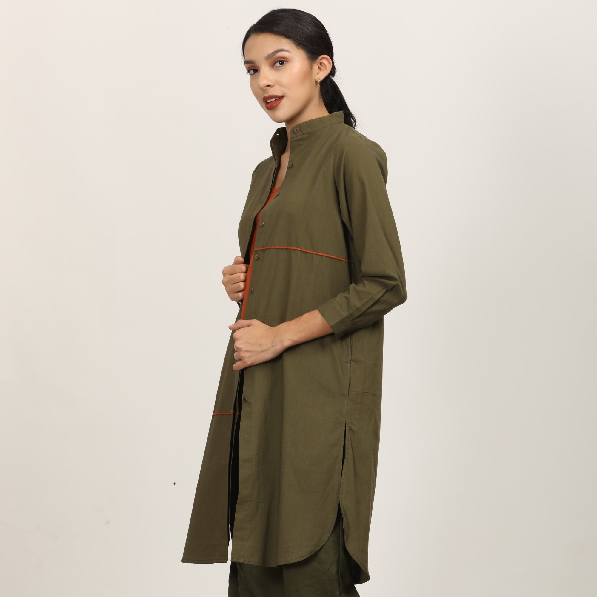 Florence Mandarin Collar Long Shirt - Olive & Autumn Rust With Contrast Edging